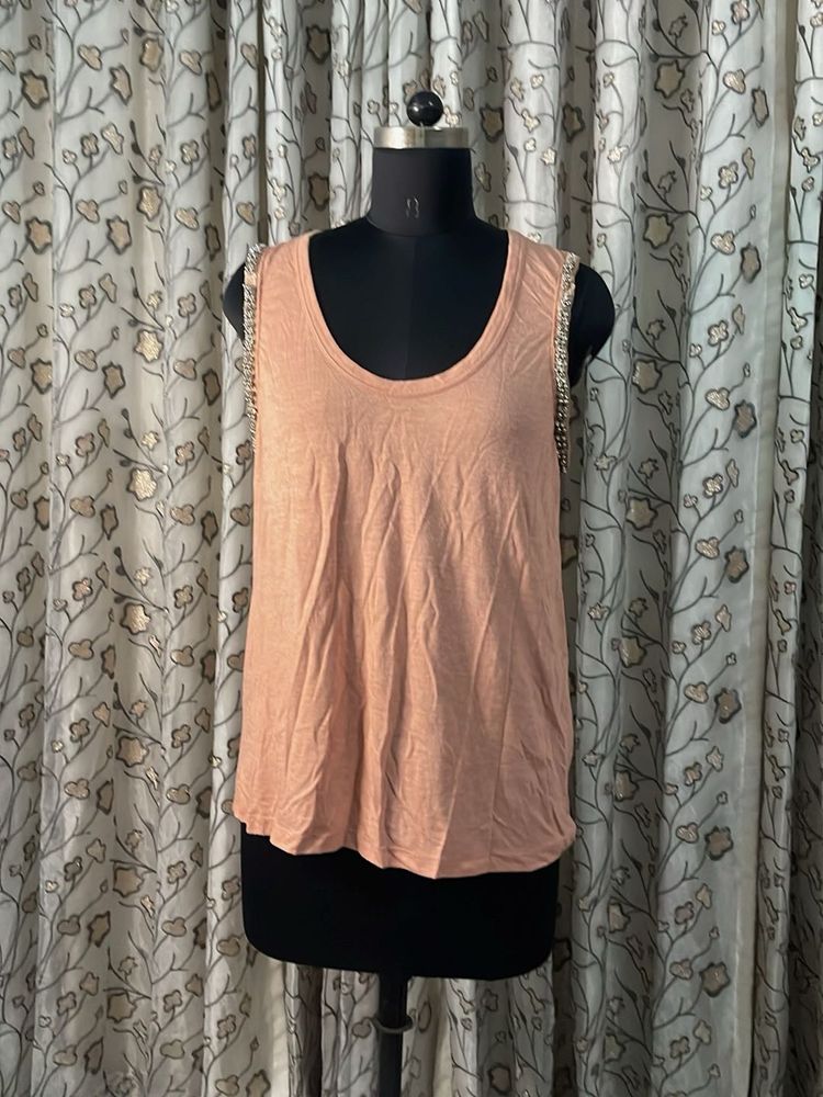 Beige Tank Top with Embellished Shoulders