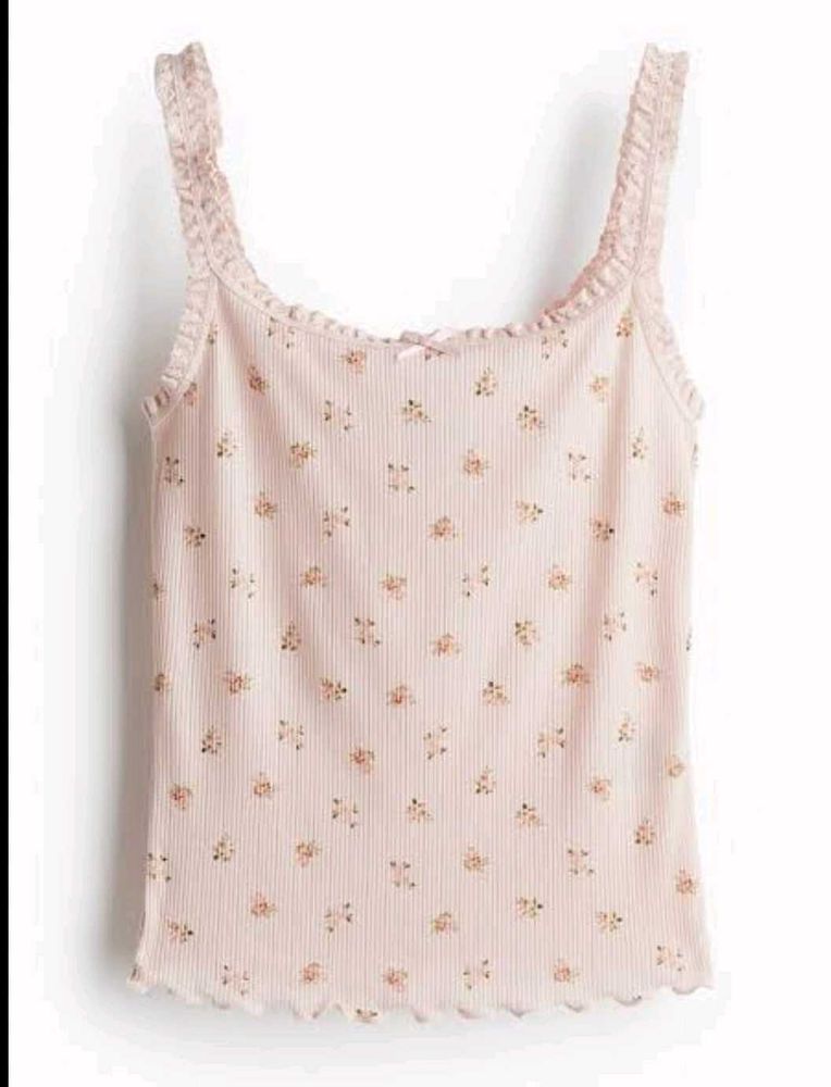 H&amp;M Lace Trimmed Jersey Strappy Light Pink Top