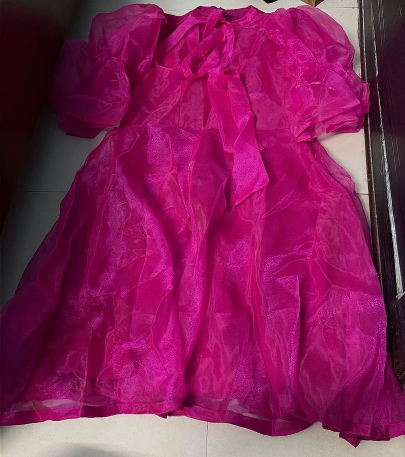 Vibrant Pink Organza Puff Sleeve Dress