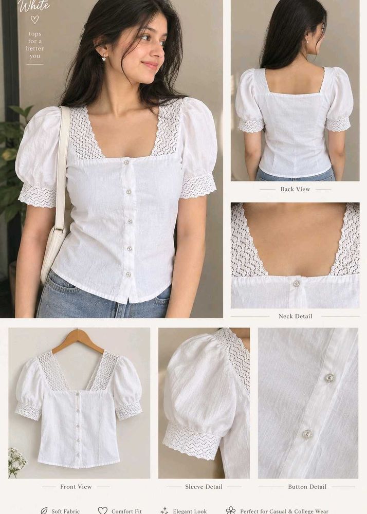 Chic White Puff Sleeve Square Neck Top