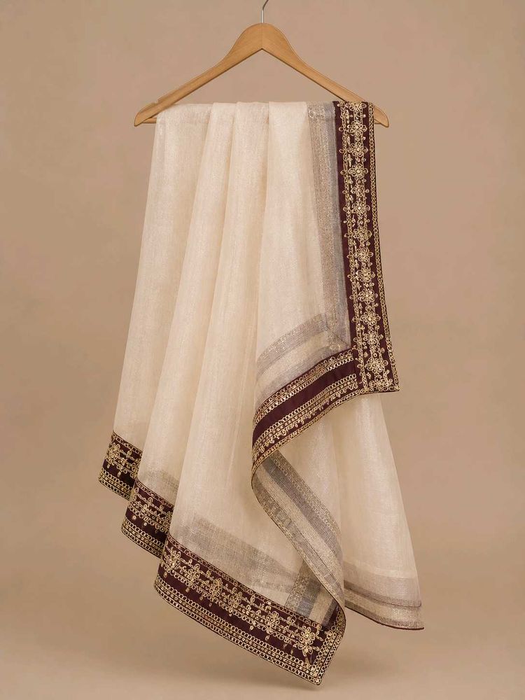 Elegant Cream duppata with purple Border