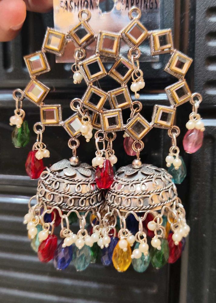 Boho Mirror &amp; Crystal Jhumka Earrings