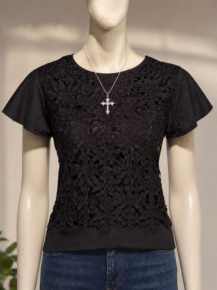 Black Lace Short Sleeve Top