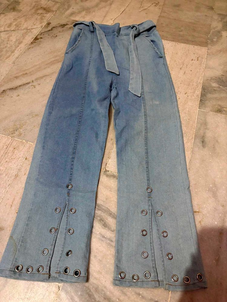 Light Wash Denim Flare Pants with Grommets