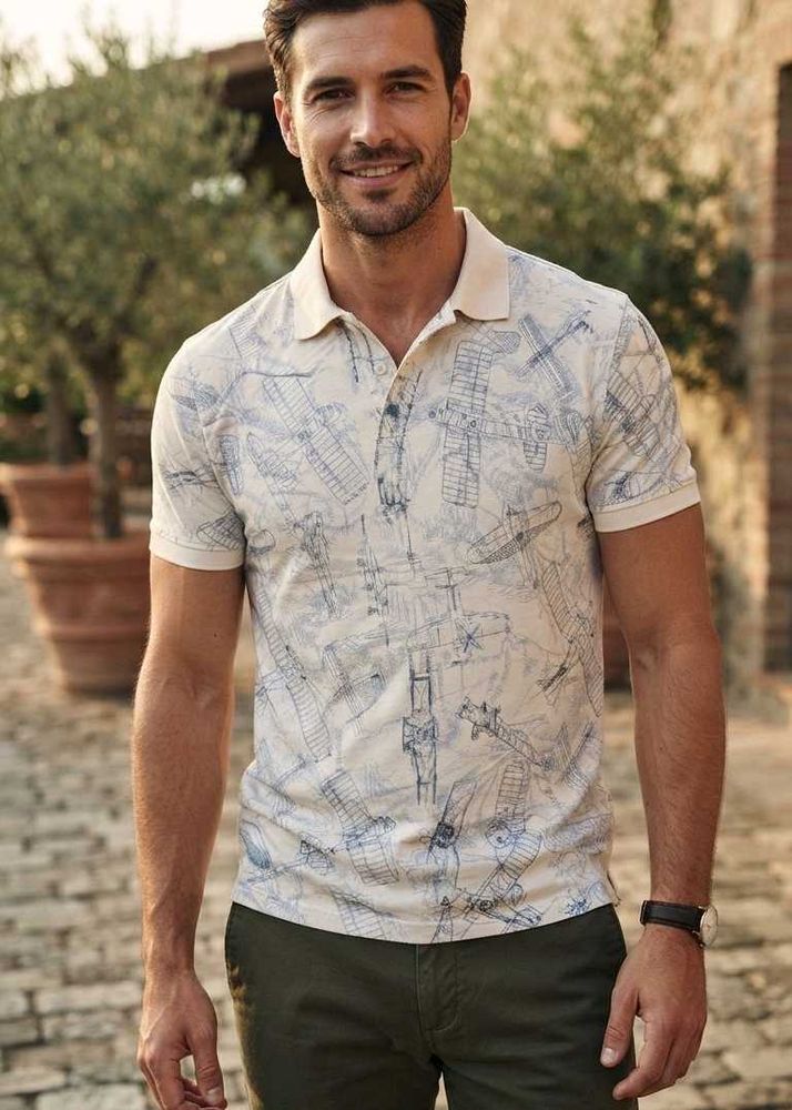 Vintage Airplane Print Casual Polo Shirt