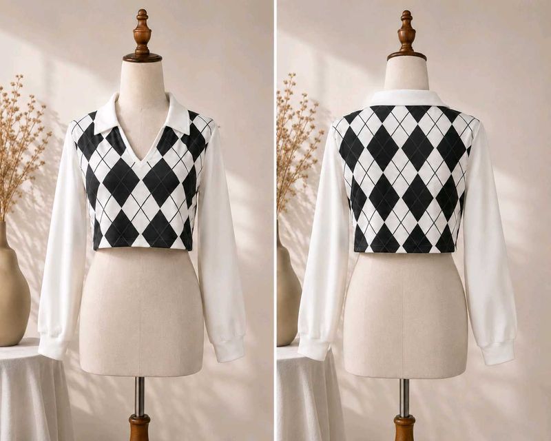 Argyle Cropped Long Sleeve Top