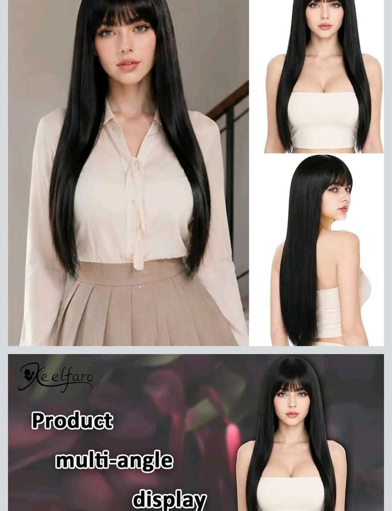 Long Black Wig with Bangs