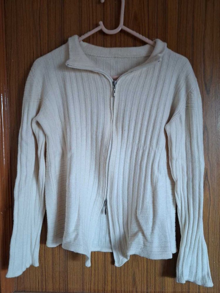 Cream Ribbed Zip-Up Cardigan