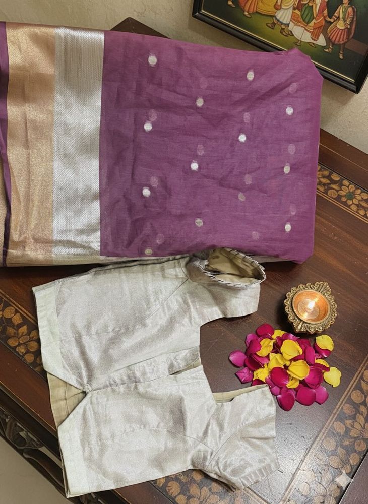 Elegant Purple &amp; Silver Saree with Blouse