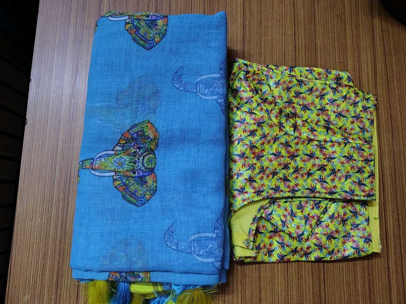 Blue Elephant Print Saree with Blouse