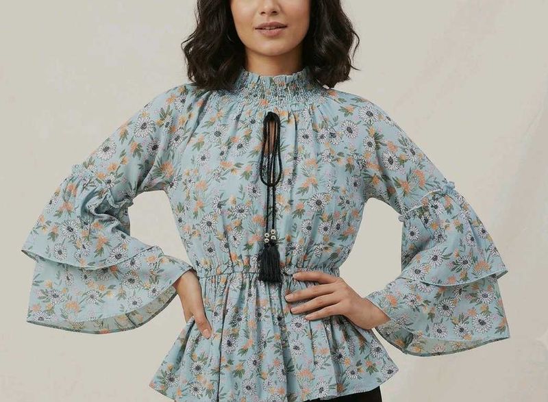 Light Blue Floral Bell Sleeve Top