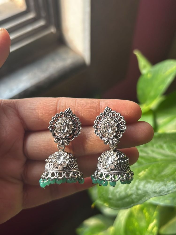 Oxidised green pearl Jhumkas