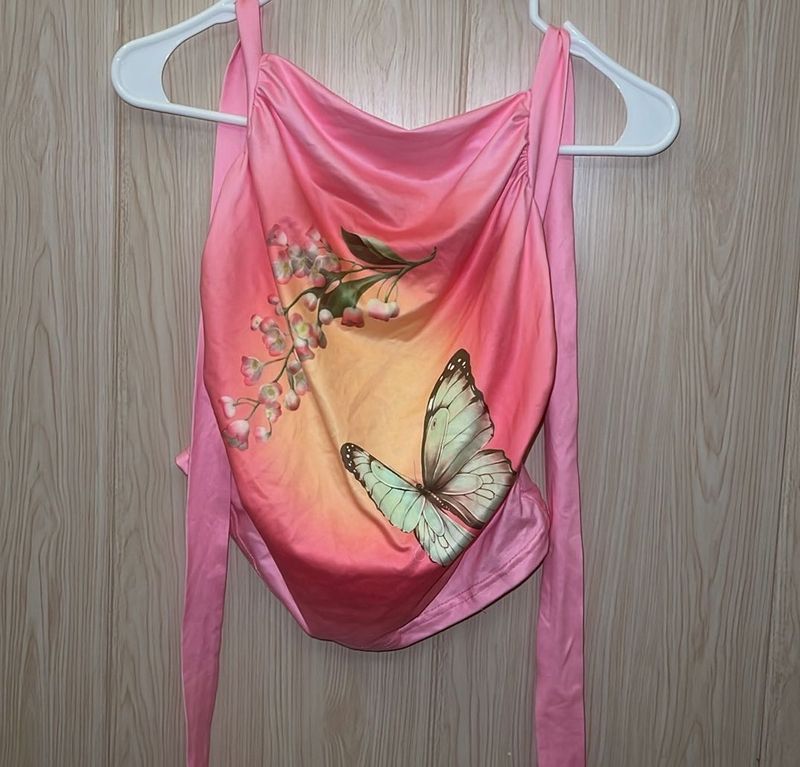 Pink Butterfly Graphic Halter Top
