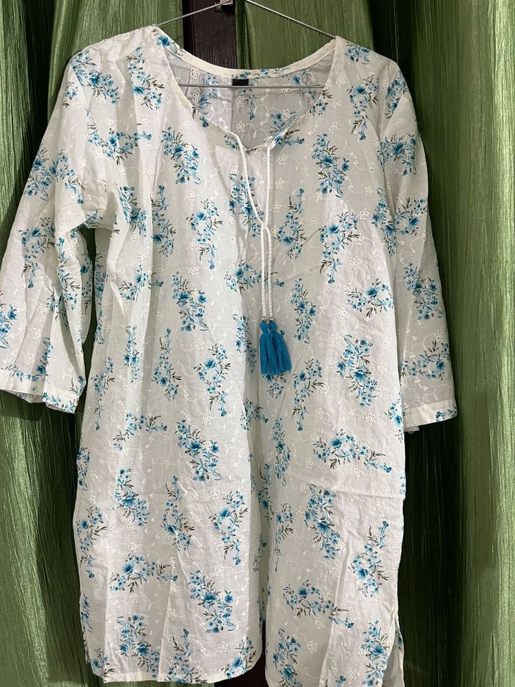White Floral Print Cotton Kurta