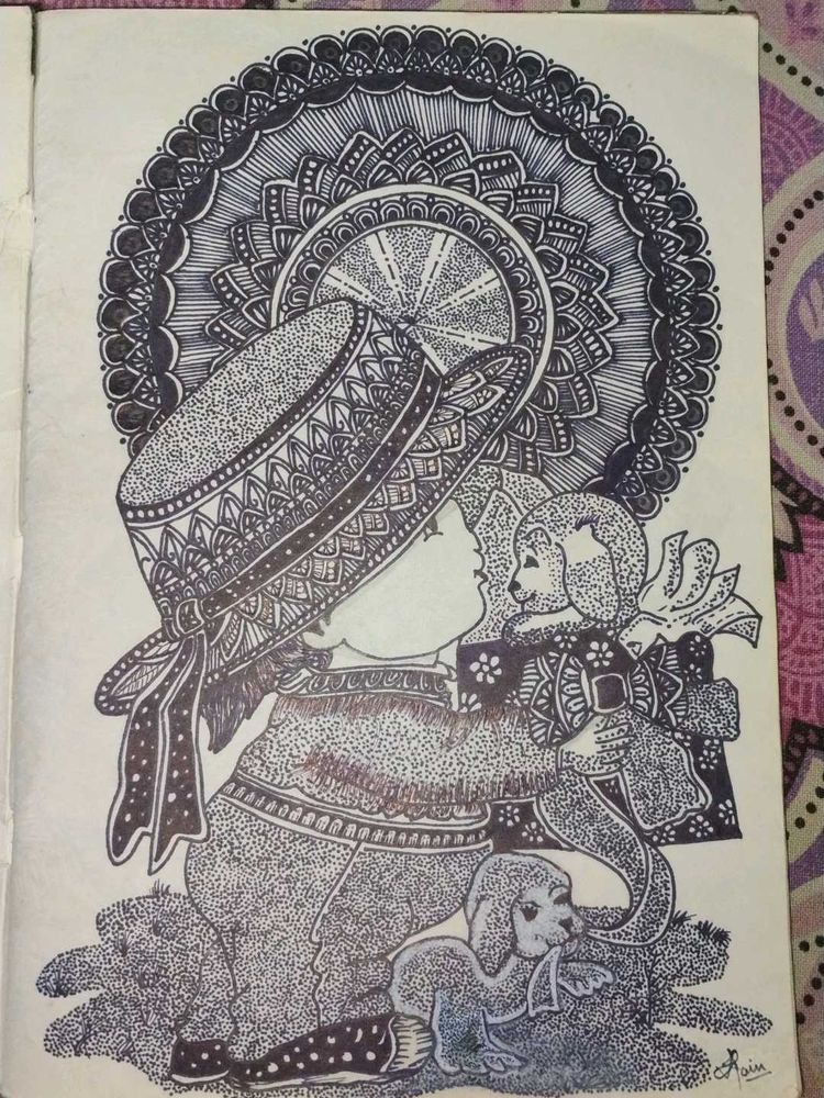 Intricate Mandala Artwork with Girl and Dogs