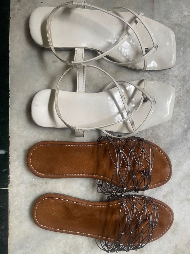 combo of 2 Stylish Flat Sandals - White &amp; Brown