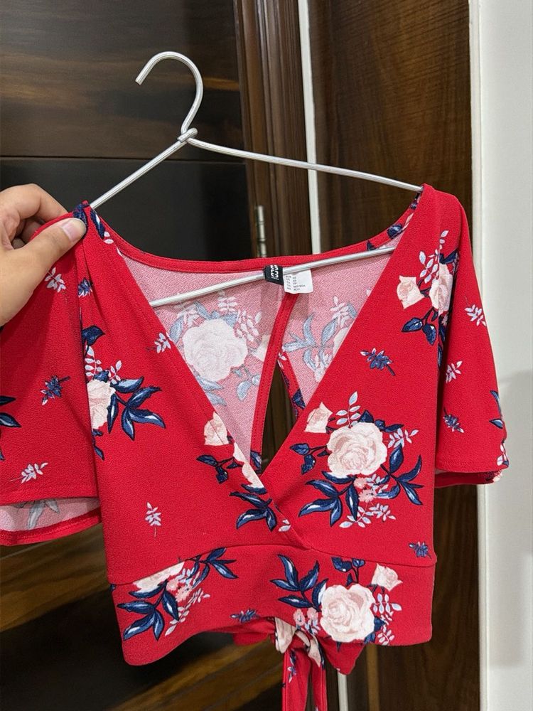 Red Floral Wrap Crop Top