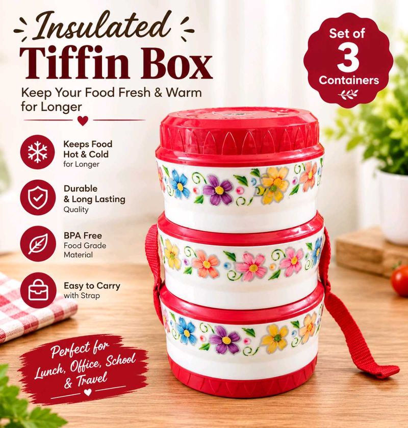 3-Tier Floral Design Lunch Box / Tiffin 🌸