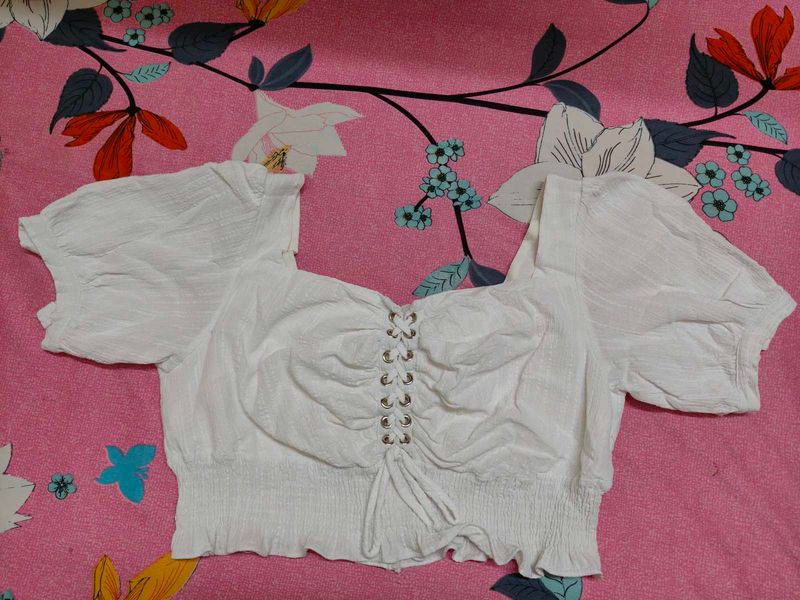 White Lace-up Puff Sleeve Top