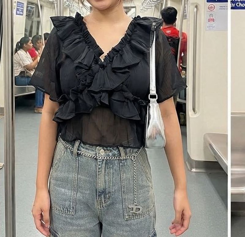 Chic Ruffled Black Sheer Top