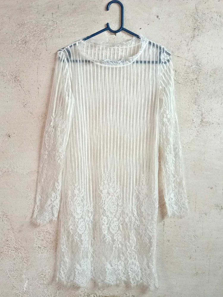 Sheer Lace Trim Long Sleeve Top Tunic