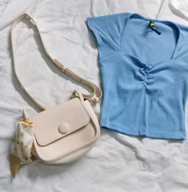 blue cute bow top with sling bag
