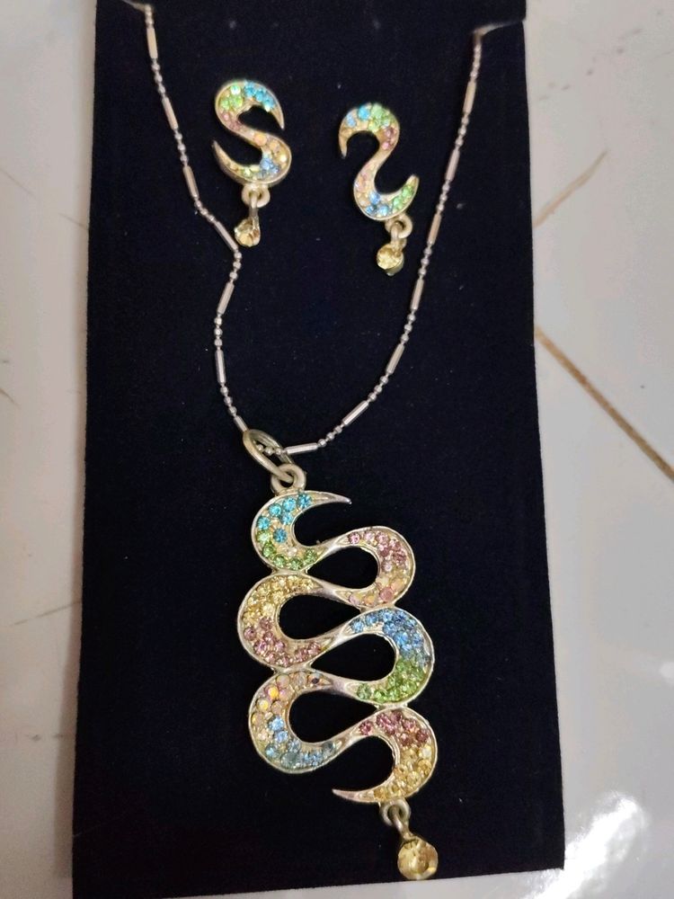 Silver Chain &amp; Multi Colour Diamond Pendant Set
