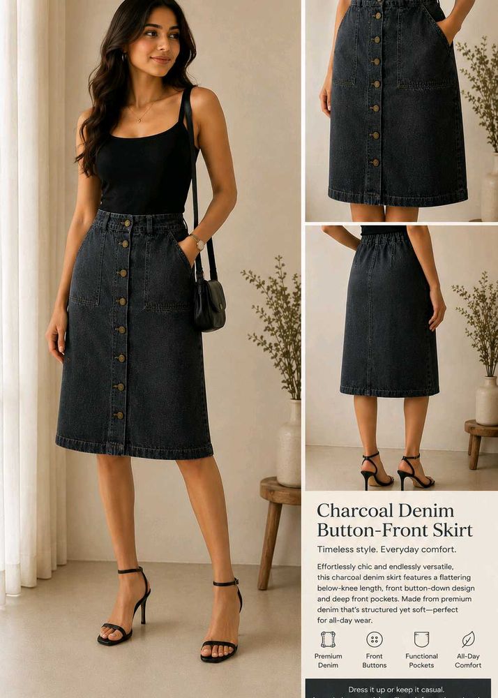 Charcoal Denim Button-Front Midi Skirt