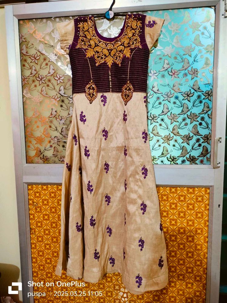 Golden And Violet Colour Ethenic Dress