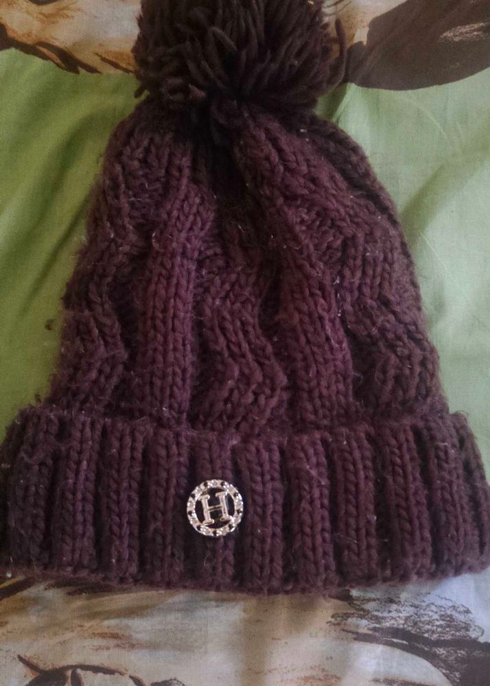 Burgundy Knit Beanie with Pom
