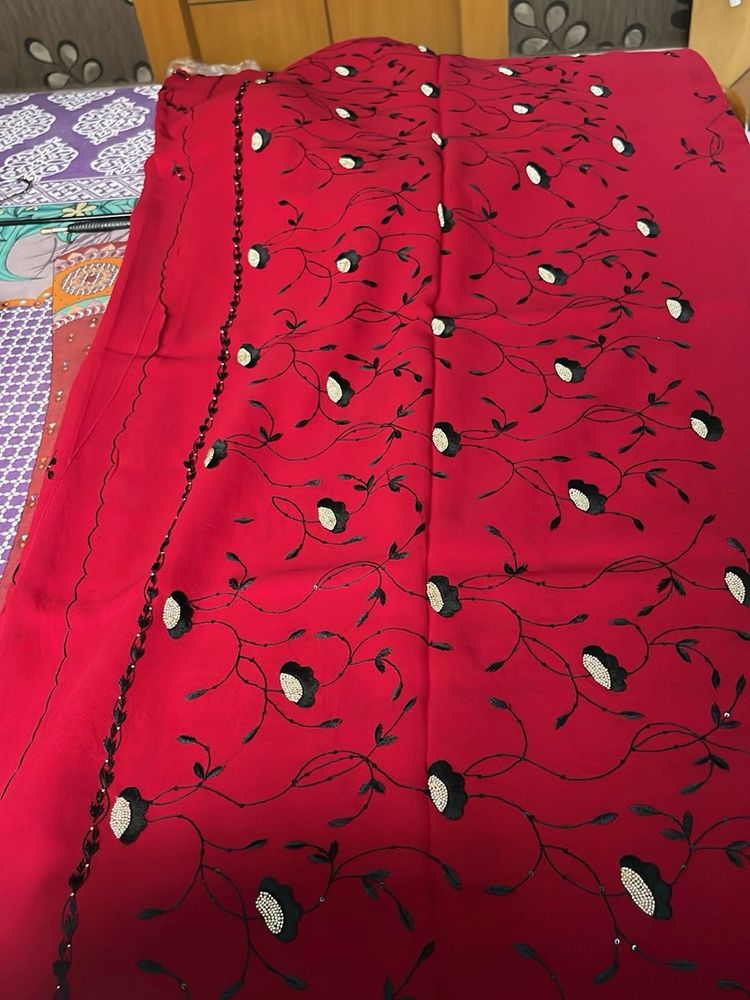 Vibrant Red Embroidered Saree