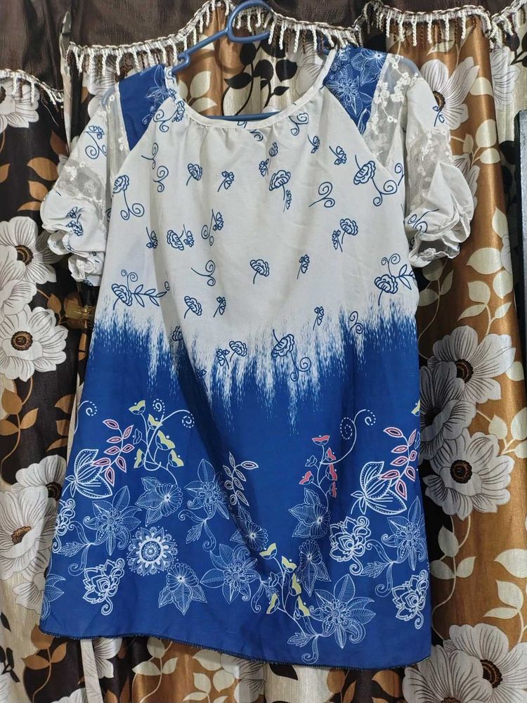Blue Floral Print Sheer Sleeve Top