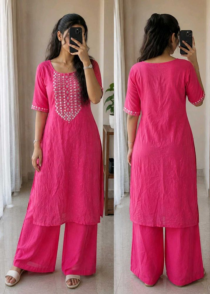 Pink Embroidered Mirror Work Kurta | 3/4 Sleeves |