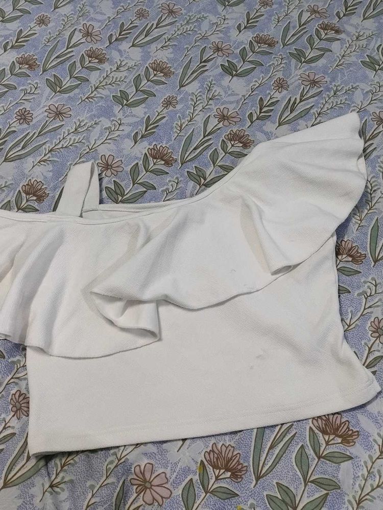 White One Shoulder Ruffle Crop Top