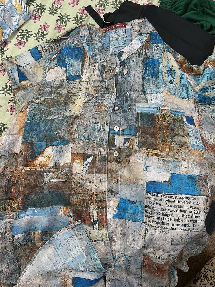 Unique Newspaper Print Button-Up Shirt