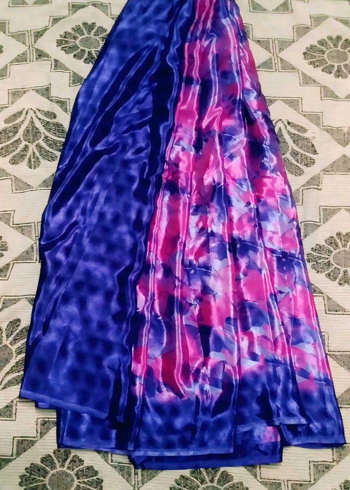 Royal Blue &amp; Pink Printed Crepe Silk Saree with Bl