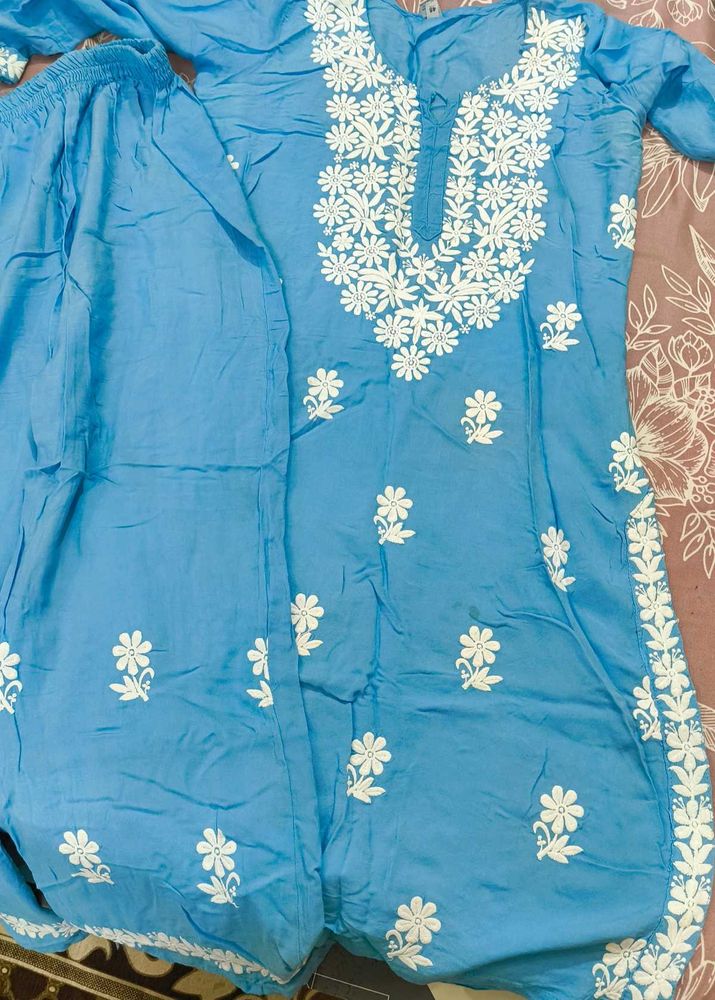 Sky Blue Kurta Set with White Embroidery
