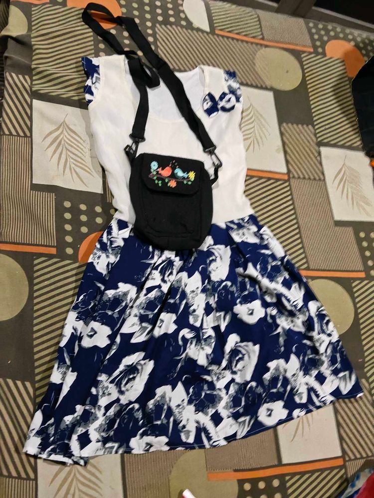 White &amp; Blue Floral Dress with Sling Bag