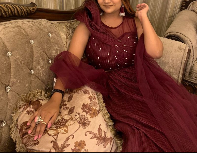 New Burgundy Hooded Designer Blouse Lehenga Set