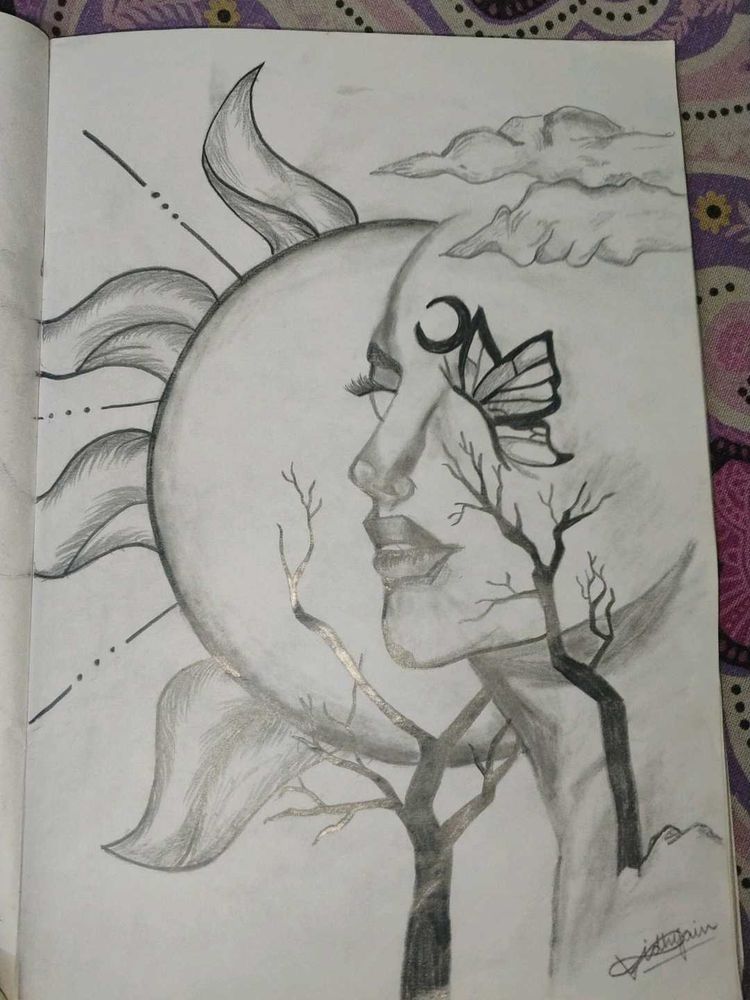 Unique Sun and Moon Face Pencil Sketch
