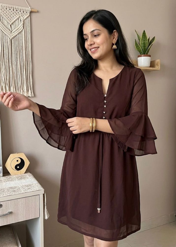 Chic Brown Ruffled Sleeve Dress