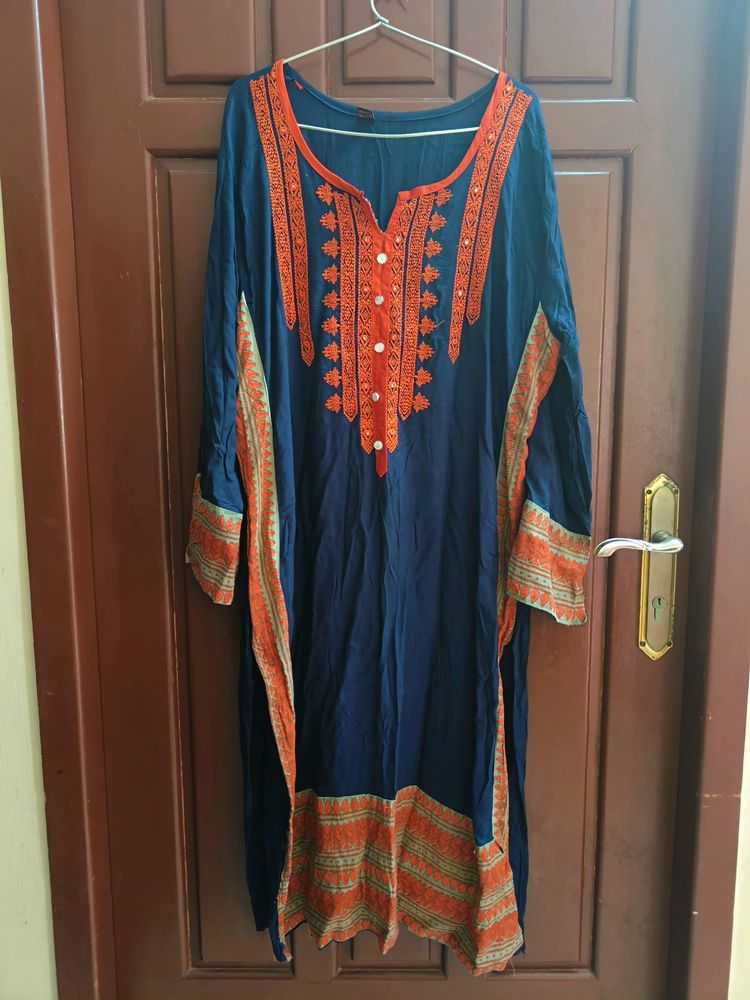 Navy Blue Kurtha With Orange Embroidery 🪡