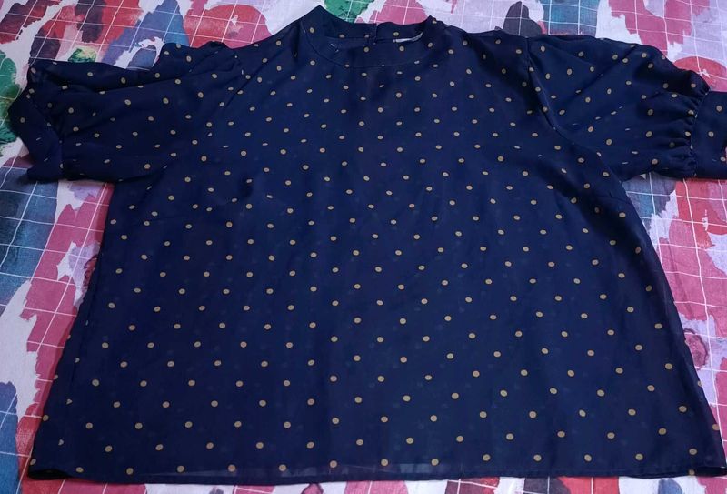 Navy Blue Polka Dot top, puff sleeves