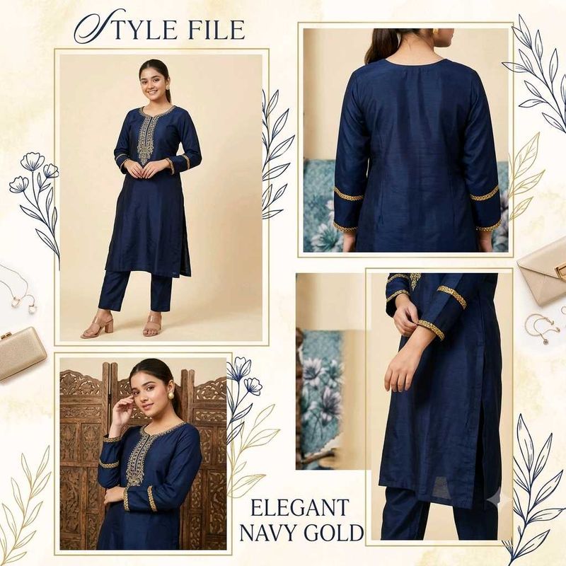 Navy Blue Kurti Set with Golden Embroidery