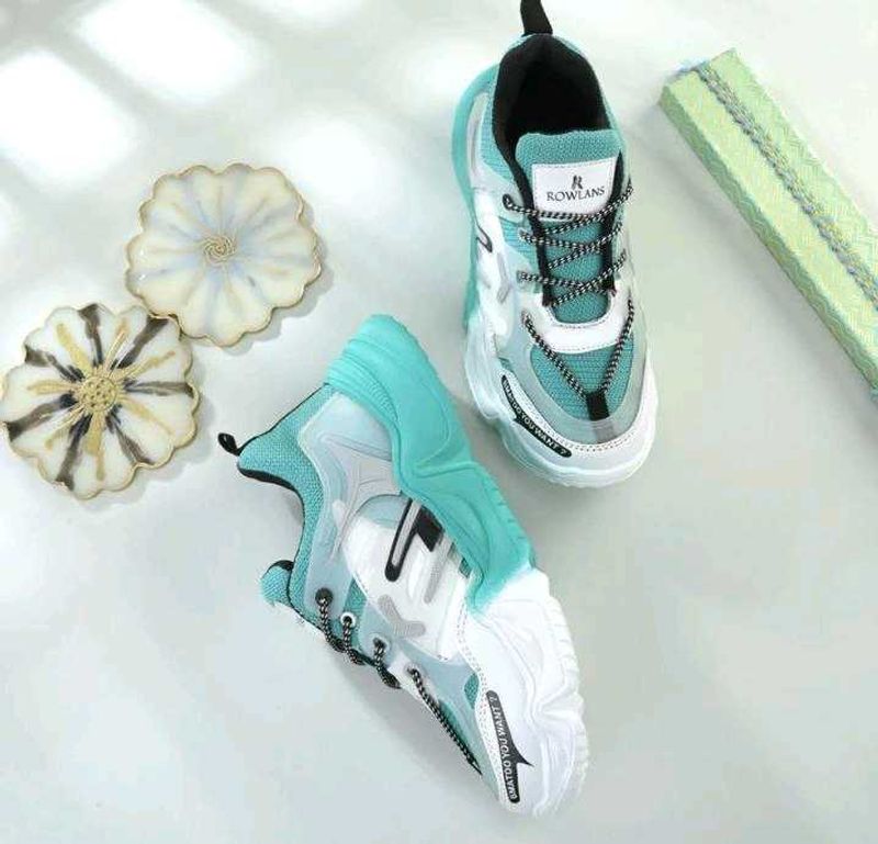 Trendy Teal sky-blue &amp; White Chunky Sneakers