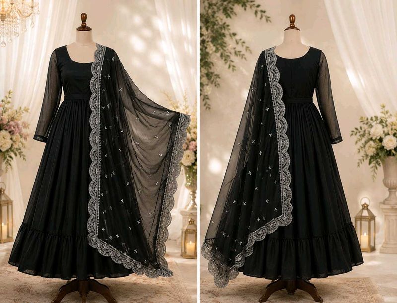 Elegant Black Tiered Kurta Set with Dupatta