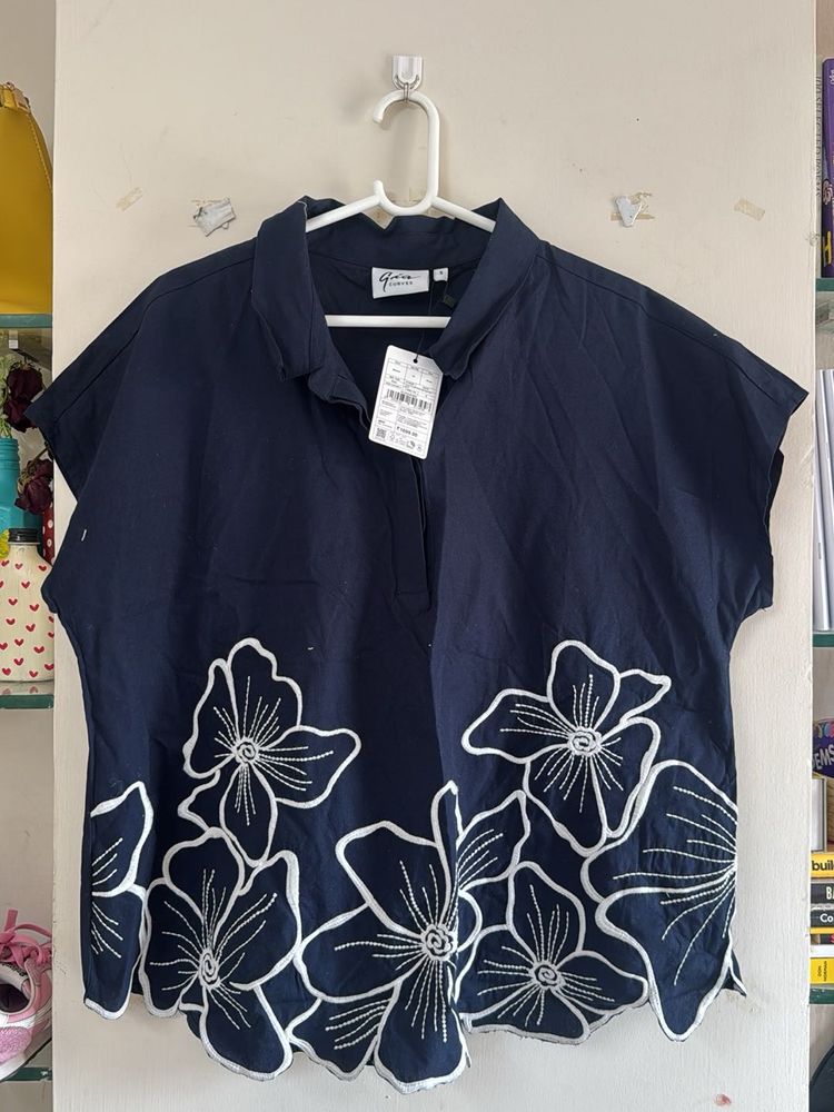 Stylish Navy Blue Top with Floral Embroidery