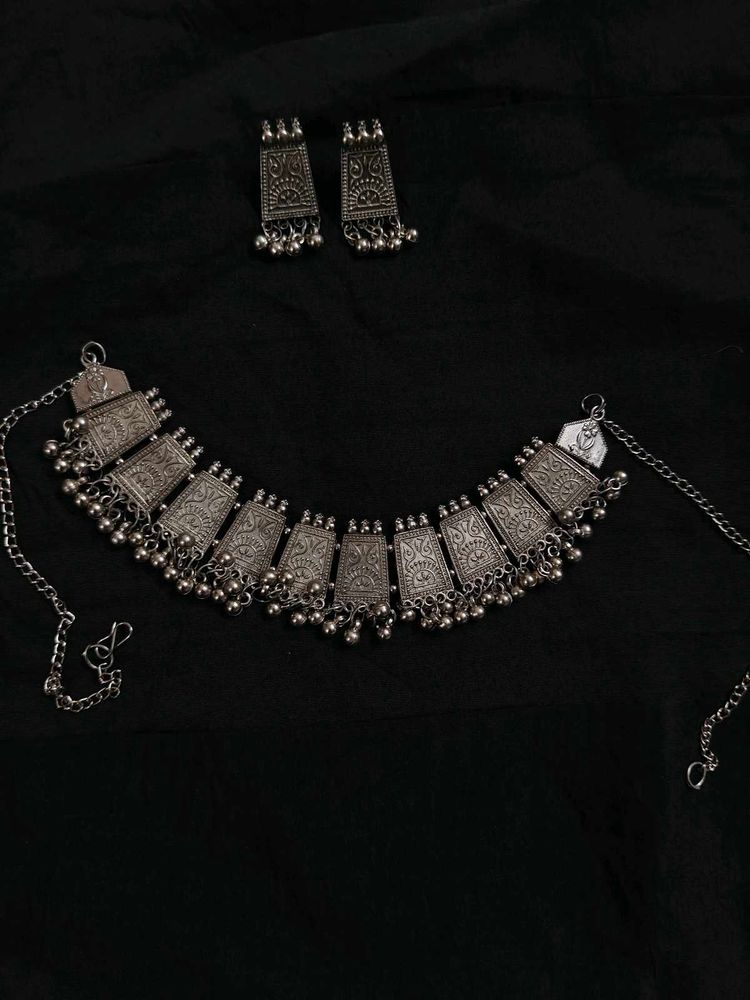 Oxidized Silver Choker Necklace &amp; Earrings Set