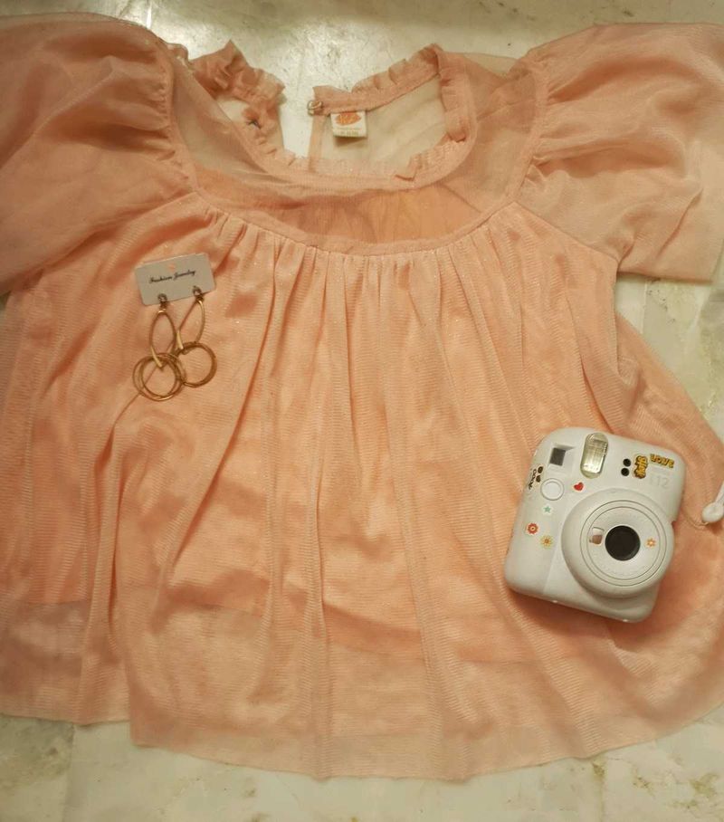 Peach Tulle Puff Sleeve Blouse