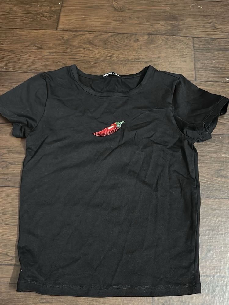 Black T-Shirt with Chili Pepper Embroidery